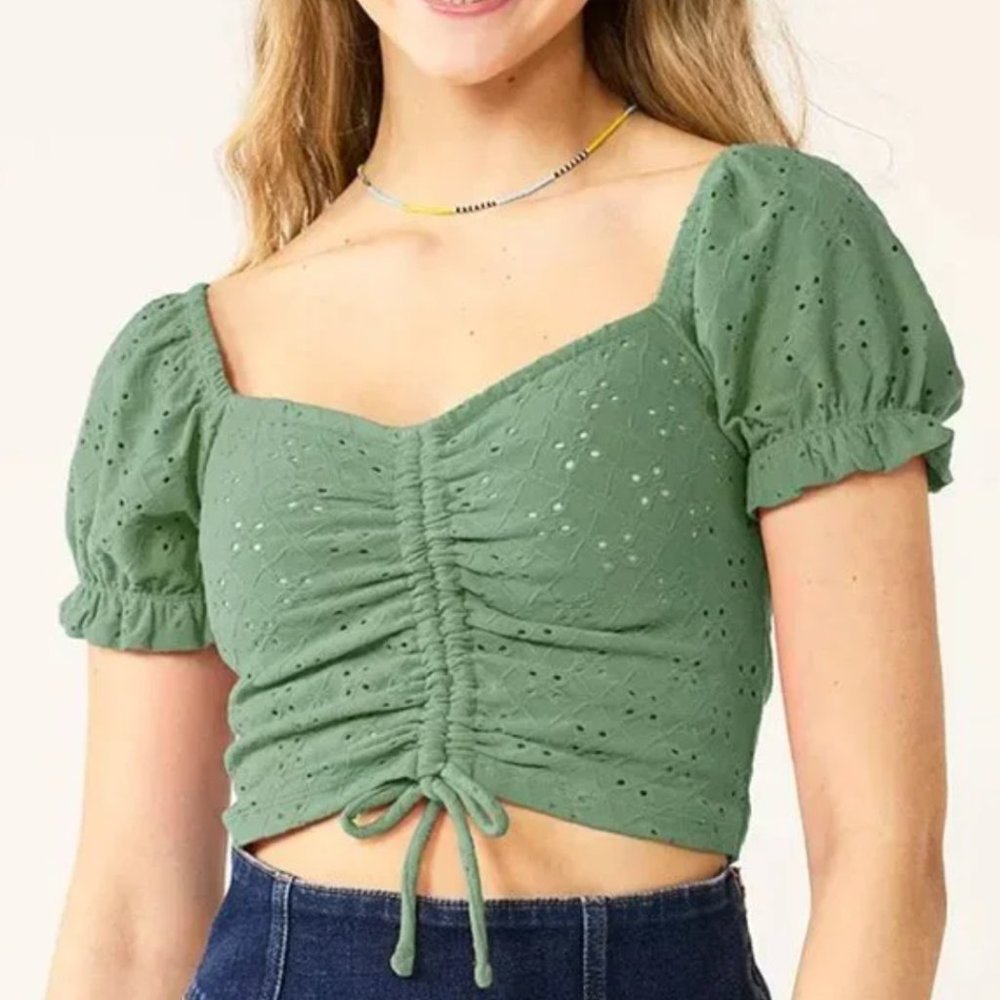 Kohl's SO Eyelet Cinch Puff Sleeves Crop Top NWT